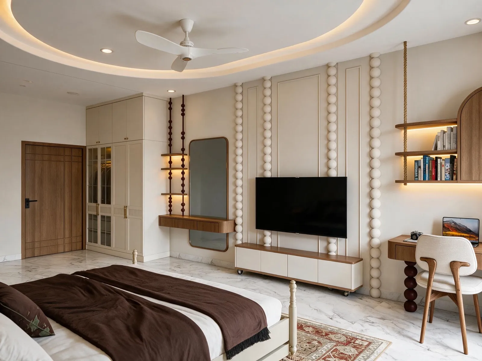 Wide photoreal render of the master bedroom — same room, every angle consistent