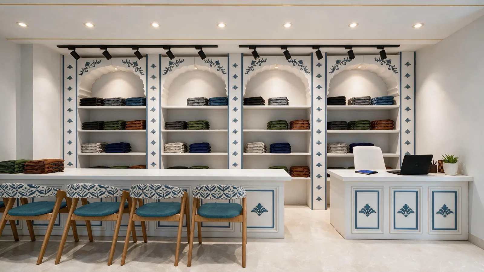 Photoreal render of the retail boutique with every marked light lit