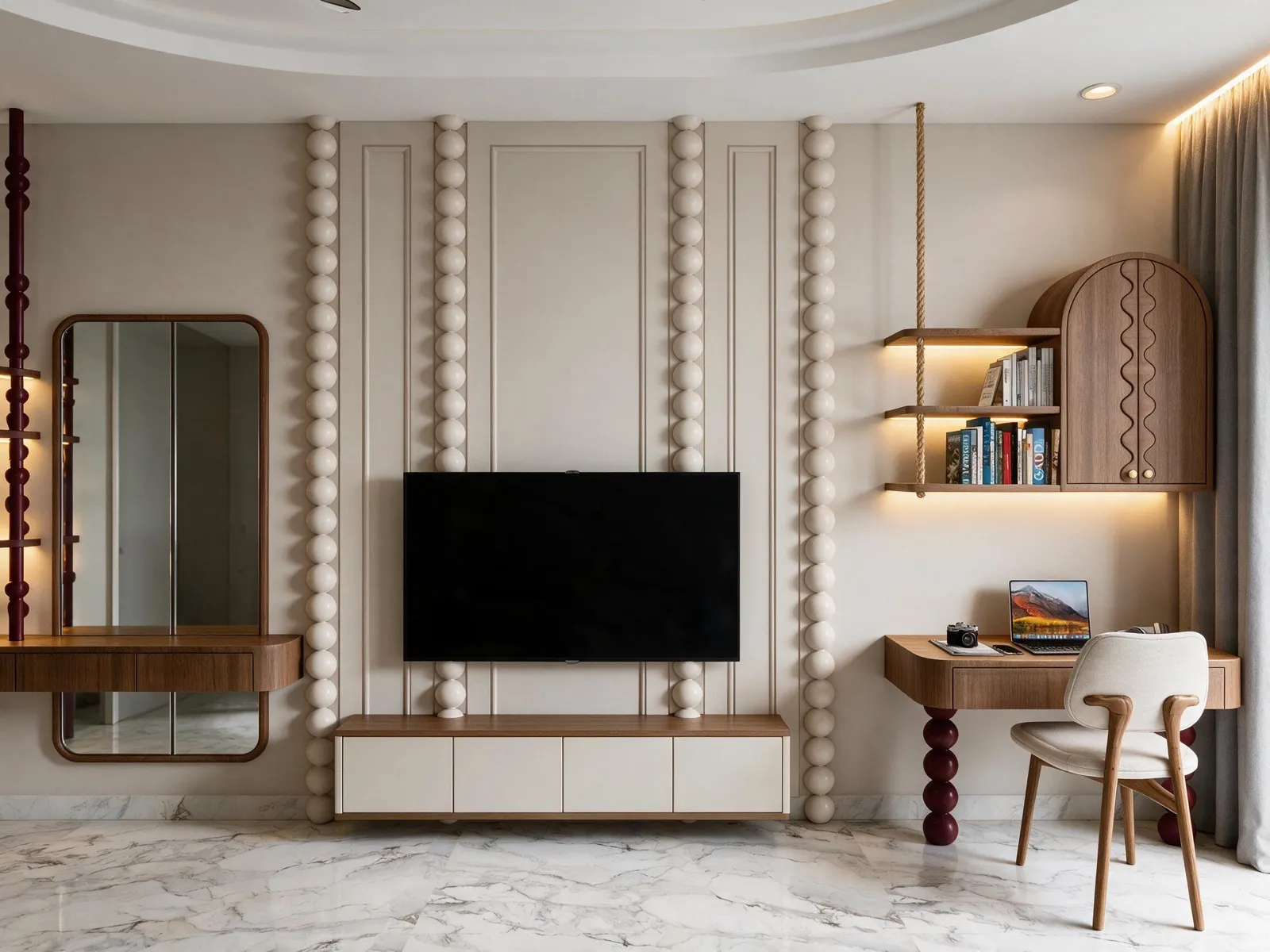 Photoreal render of the same TV wall — every bead and moulding preserved