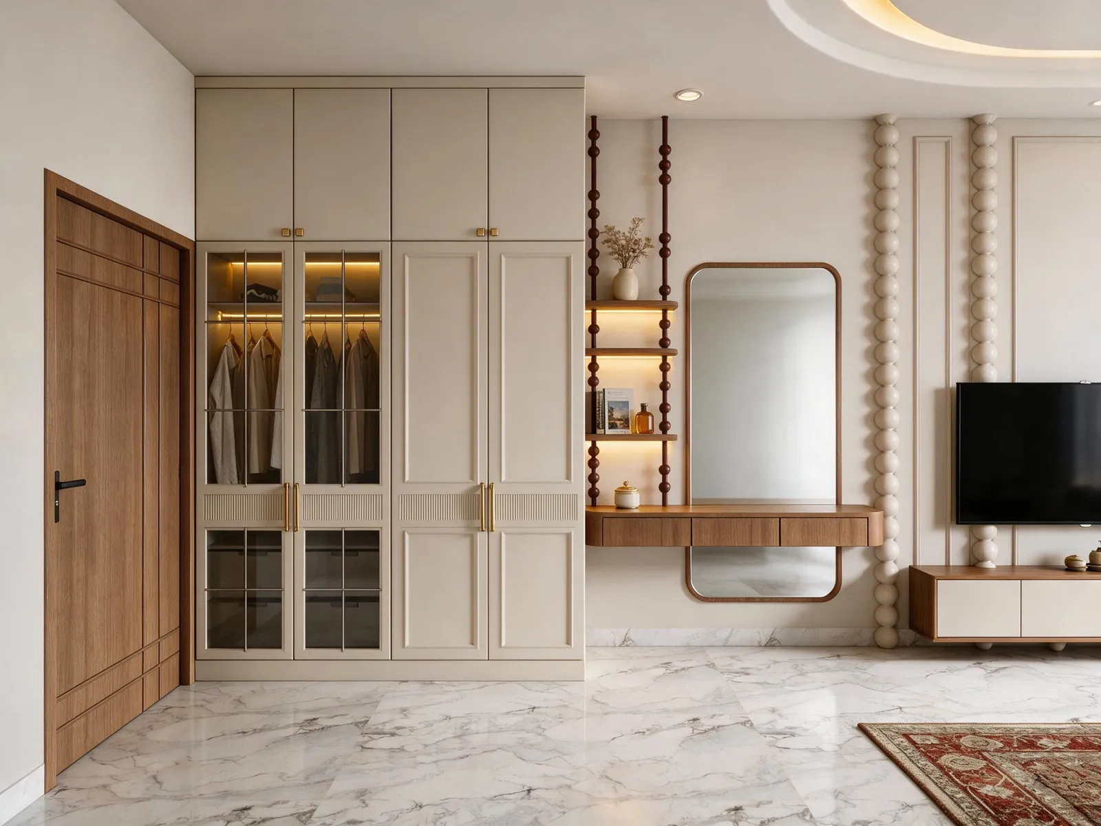 Photoreal render of the wardrobe with lit glass cabinets and dresser shelves